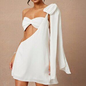 White Sexy Women's One Shoulder Flared Mini Dress Ruched Inner Top Set